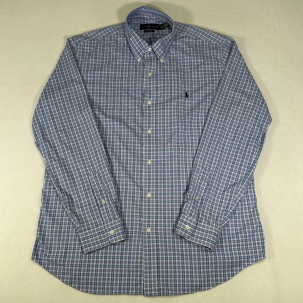 Ralph Lauren Mens XL Blue Purple Plaid Classic Fit‎ Performance Stretch Shirt